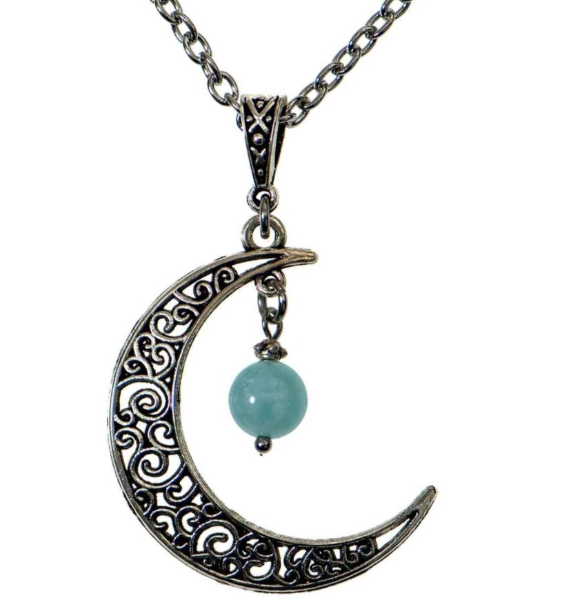 Moon and Aquamarine Necklace in Antique Silver by BEL
